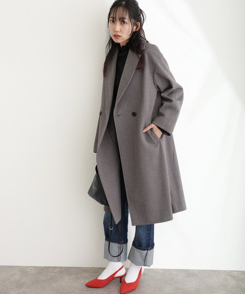 ElegChic コート チェスターコート 家で洗えるヘリンボーン柄 コート