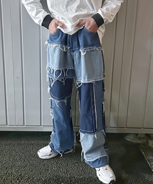 ジーンズ ヴィンテージリメイク風 クレイジーパネル配色・ボーダー切替