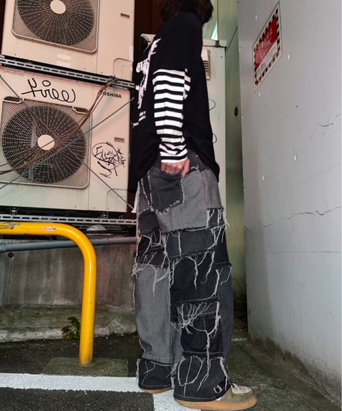 ジーンズ ヴィンテージリメイク風 クレイジーパネル配色・ボーダー切替