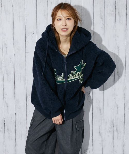 パーカー 「カレッジロゴ×ボア」レディース ジップパーカー ビッグ
