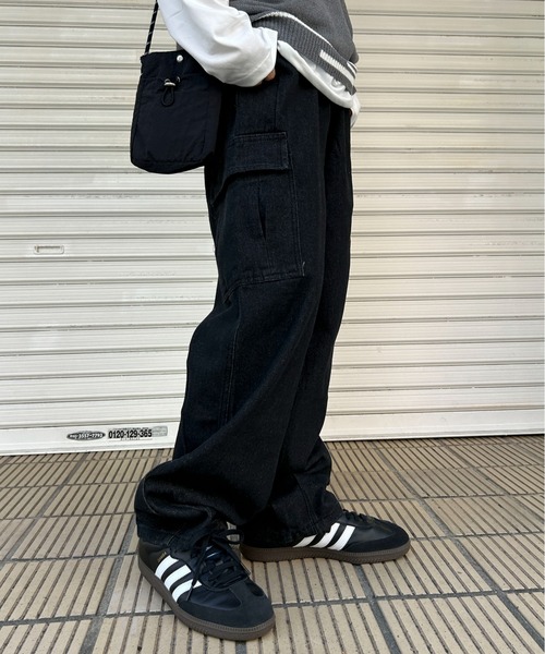 link lot カーゴパンツ ウォッシュ加工 デニムワイドバレルレッグ