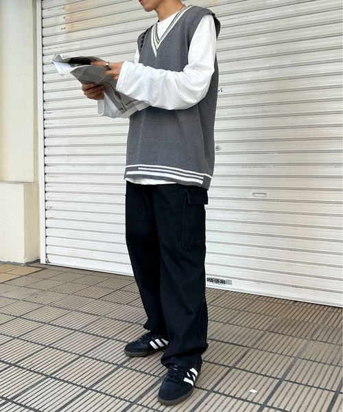 link lot カーゴパンツ ウォッシュ加工 デニムワイドバレルレッグ