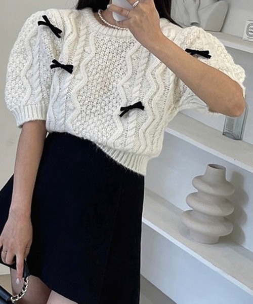 rene 美品 数回 René ルネ ウール 半袖 リボン ニット ベージュ系 36