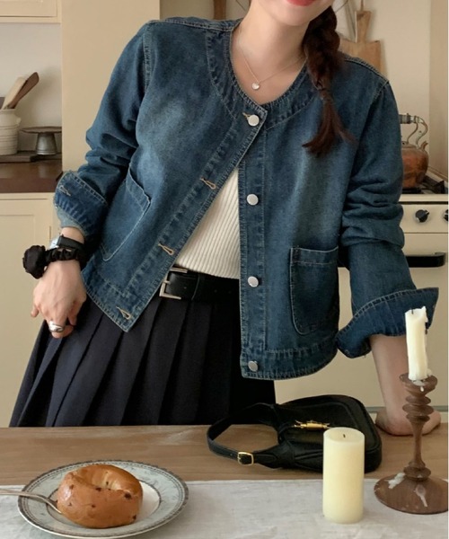 BLANC FICELLE デニムジャケット gジャン ノーカラー ショート丈