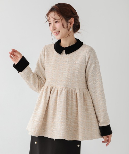 Fit more（フィットモア） ツイードベロアカラーペプラムトップス