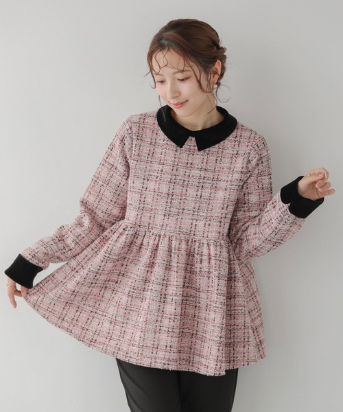 Fit more（フィットモア） ツイードベロアカラーペプラムトップス