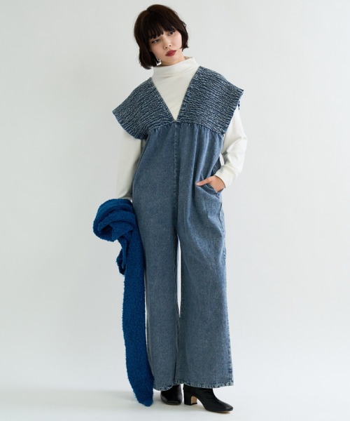 A.D.C.L. サロペット オーバーオール シャーリング切替 デニム