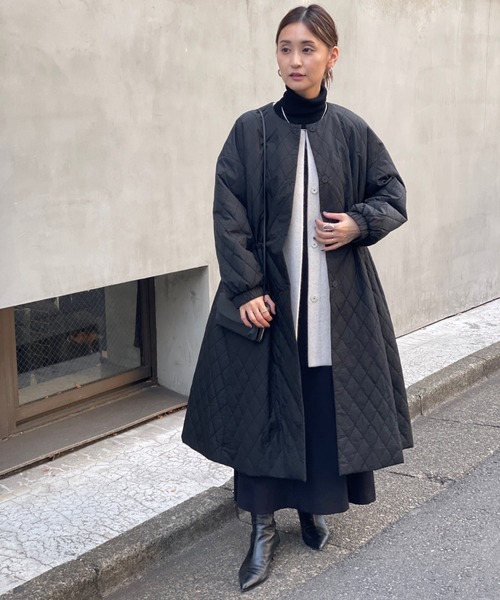 BEARDSLEY ノーカラー Aラインコート ウールブラック ロングコートF