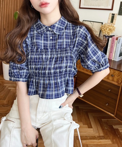 moment+ ブラウス シャツ フリルビスチェセット半袖チェックシャツ