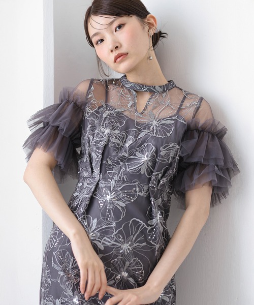 Kana ドレス チュールフリルスリーブ スパンコール 刺繍レース