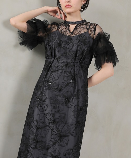 Kana ドレス チュールフリルスリーブ スパンコール 刺繍レース