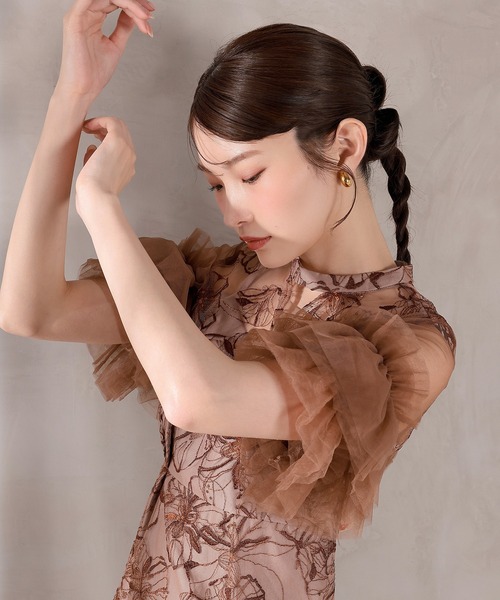 Kana ドレス チュールフリルスリーブ スパンコール 刺繍レース