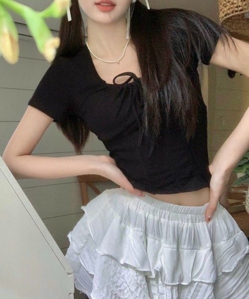 DIAVEL tシャツ 胸下切替えリボン付き半袖トップス レディース