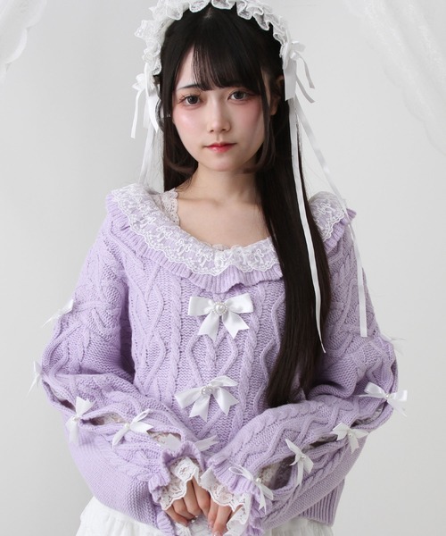 DearMyLove ニット セーター Vネックリボンレースビジューハート