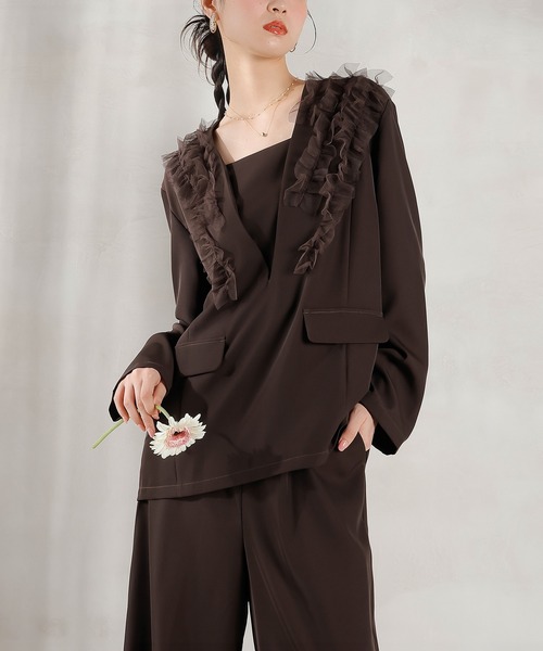 Kana パンツドレス チュールフリル ジャケット ワイドパンツ 2点セット