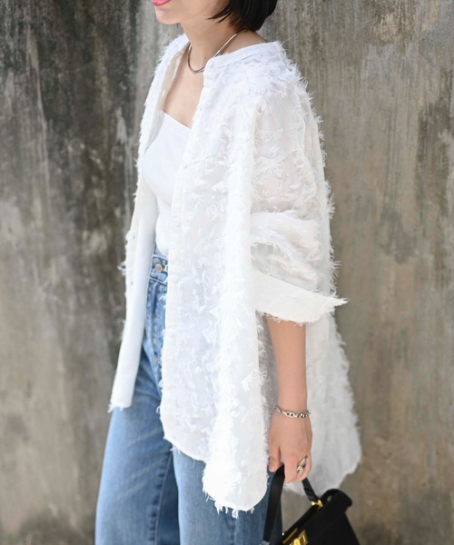 ＆HALF ブラウス シャツ ノーカラーフリンジオーバーブラウス(シャツ
