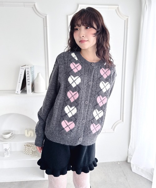 Loueme カーディガン ハートアーガイルニットカーディガン レディース