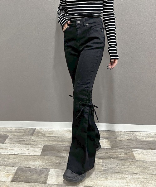 ジーンズ デニム デニムパンツ 脇リボンレースアップデニムフレア