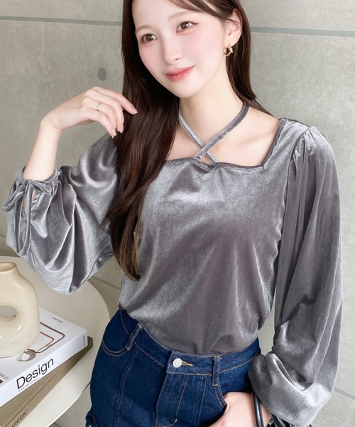 moment+ tシャツ ボリュームスリーブスクエアホルターネックシャイニー