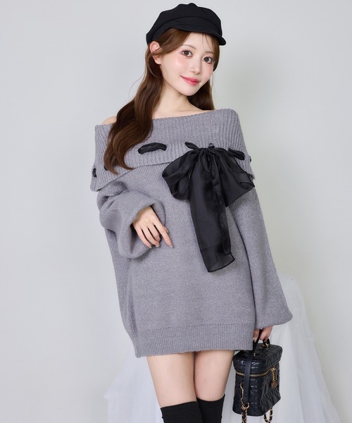 one after another NICE CLAUP ワンピース リボン付きオフショルニット