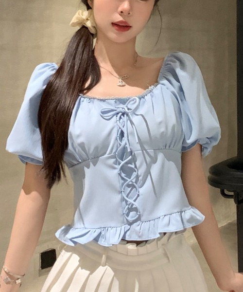 DIAVEL ブラウス シャツ 4色展開 スクエア襟パフスリーブ半袖ブラウス