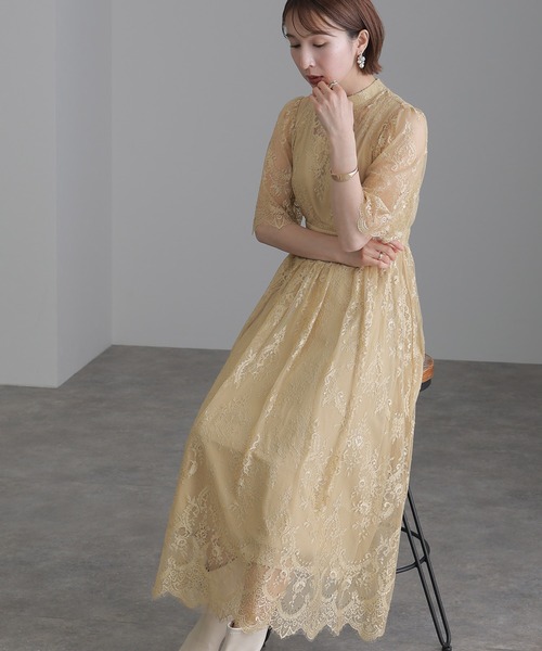 atlo（アトロ） ドレス スカラップ パーティードレス お呼ばれミモレ丈