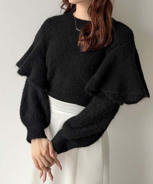 JUNOAH（ジュノア） ニット セーター ショート丈メランジ片畔フリル