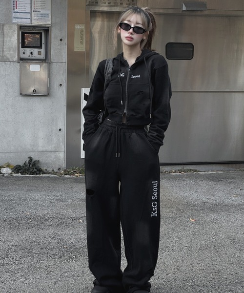 KsG セットアップ クロップドダブルジップダメージセットアップ