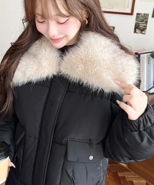 ダウンコート ダウンジャケット ファー付きビックカラーショート丈