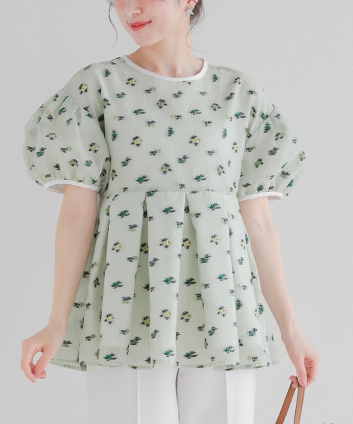 Fit more（フィットモア） シアージャガード花柄パイピングトップス