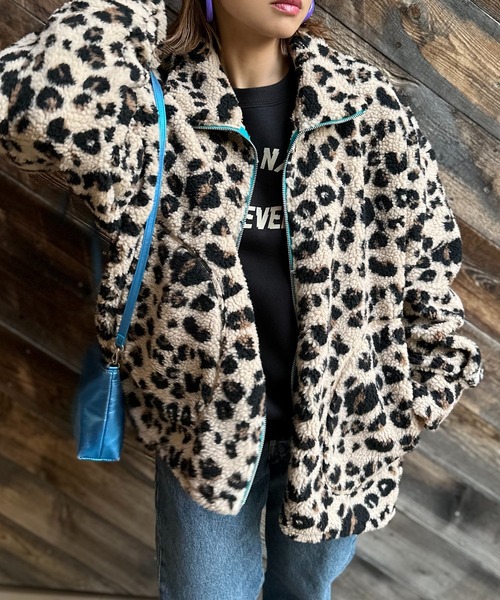 mi via loca ジャケット ブルゾン 配色ZIPレオパード柄ボアジャケット