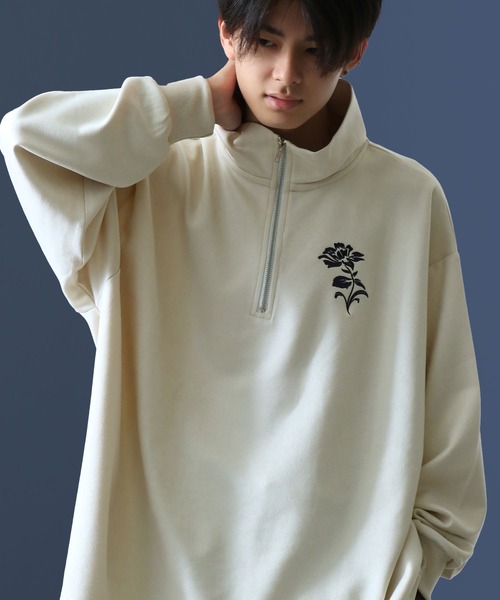 Nilway（ニルウェイ） tシャツ スエード ハーフジップ 長袖 薔薇 刺繍