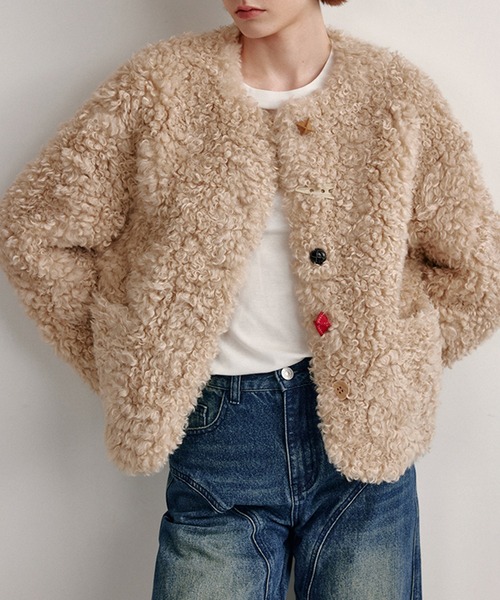 コート アウター カラフルボタン ノーカラー ボアショートコート