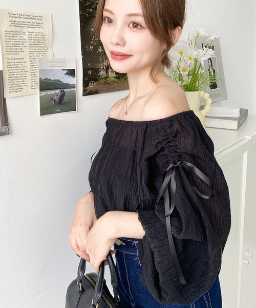 ブラウス シャツ ショルダーシャーリングリボンオフショルブラウス