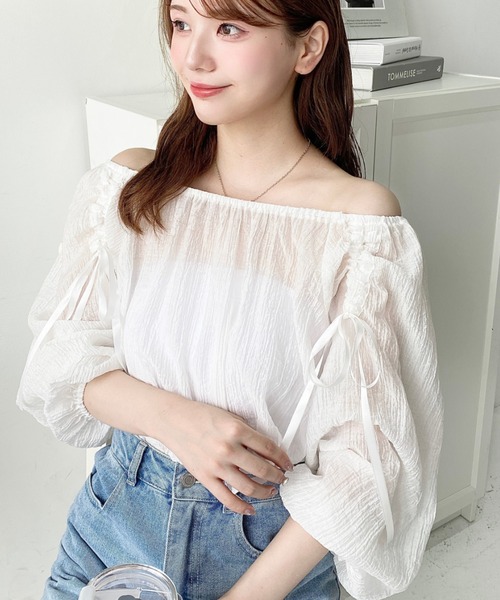 ブラウス シャツ ショルダーシャーリングリボンオフショルブラウス