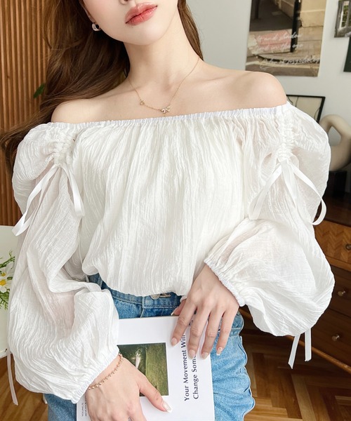 ブラウス シャツ ショルダーシャーリングリボンオフショルブラウス