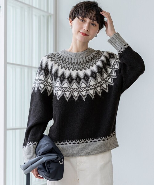 ニット セーター 「洗える」ジャガード クルーネック レディース