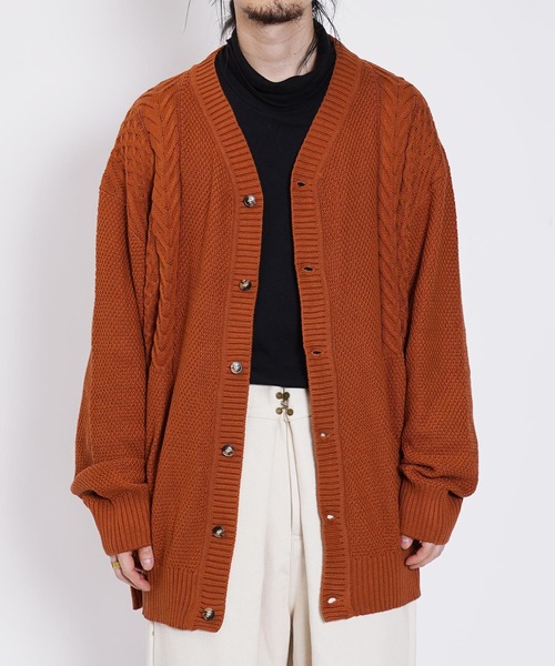 カーディガン オーバーサイズ ケーブル編み 切替デザイン Vネック