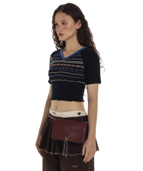 Moromoro ニット セーター ウエストデザイン Vネック マルチカラー