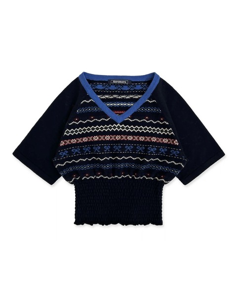 Moromoro ニット セーター ウエストデザイン Vネック マルチカラー