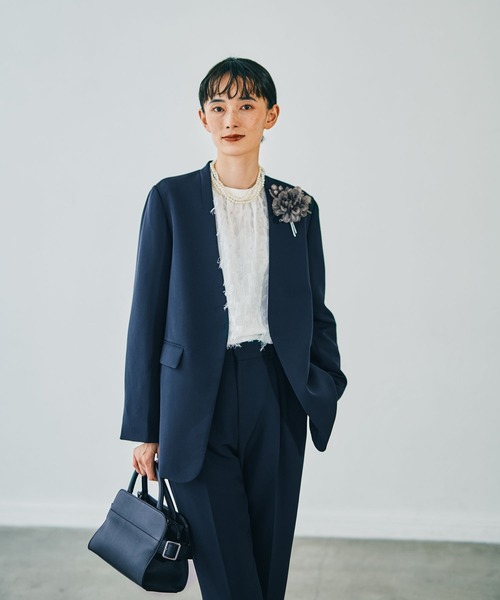 PLST（プラステ） ノーカラージャケット M ネイビー レディース