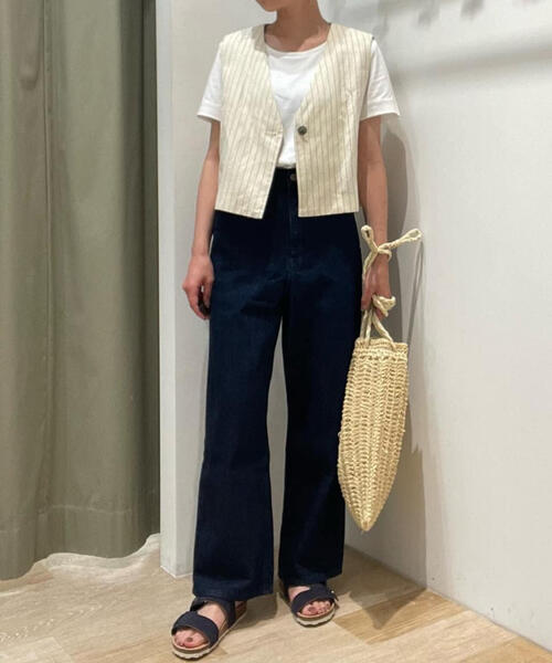 human woman（ヒューマンウーマン） ベスト ジレ 綿麻ストライプジレ