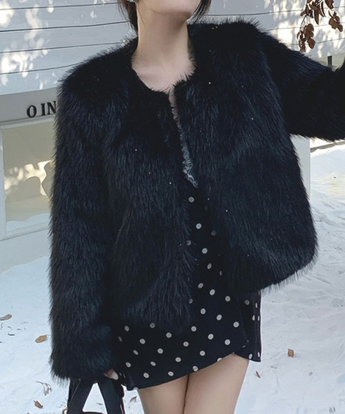 Kuroba ノーカラーコート コート フェイクファーコート レディース