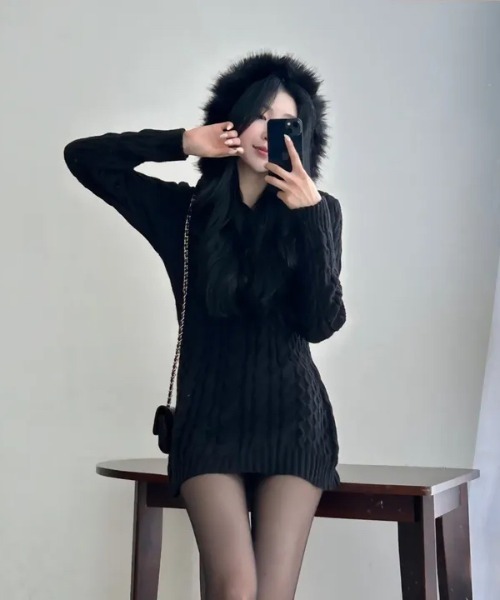 gossip!ロサンゼルス ワンピース Y2K エコファー フード ケーブル