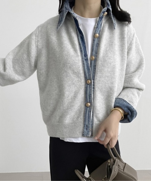 カーディガン デニムドッキングニットカーディガン レディース
