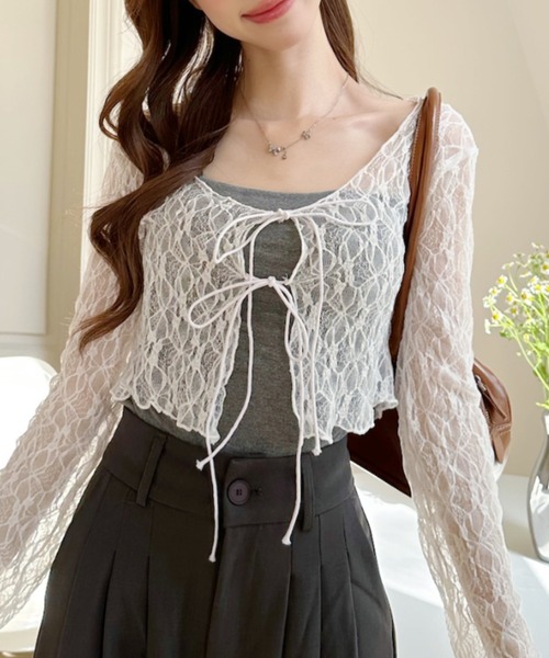 Ada. ブラウス シャツ ボレロ風 総レース リボン ショート トップス