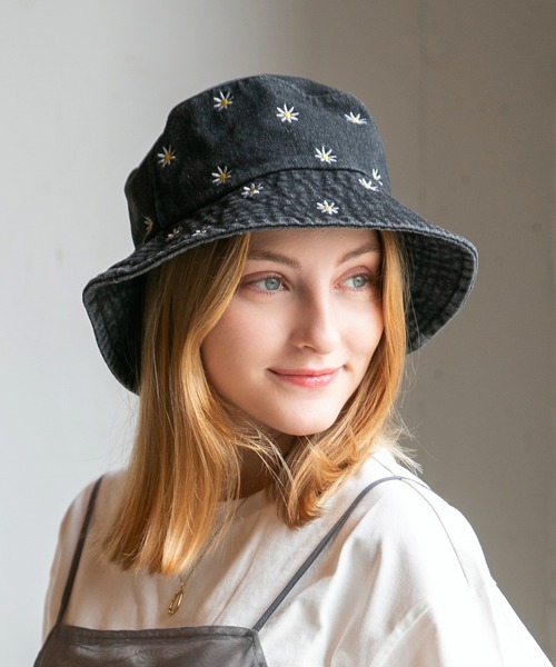 14+（イチヨンプラス） 帽子 ハット 花柄刺繍デニムバケットハット UV