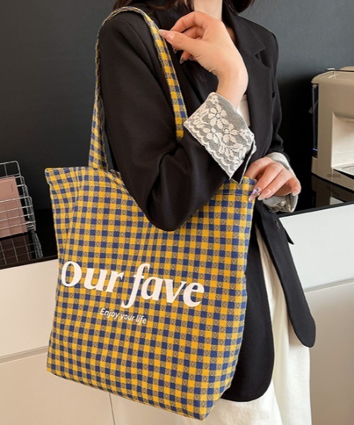 shyam inspiration トートバッグ チェック柄 レターロゴ プリント