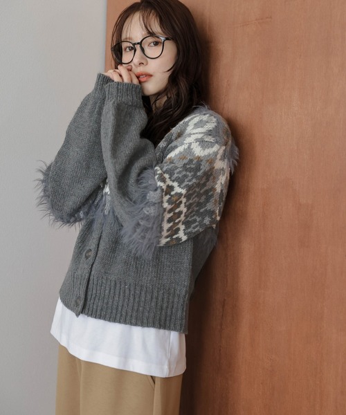 カーディガン ノルディック柄ニットカーディガン レディース