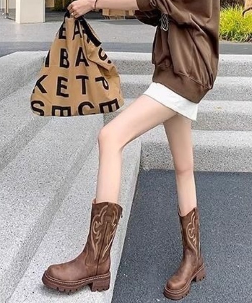 ブーツ 刺繍デザイン 入りウエスタンブーツ レディース : ZOZOTOWN